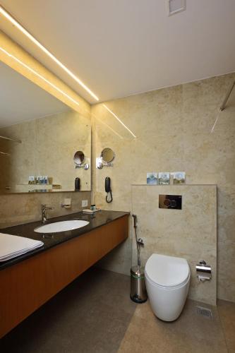 a bathroom with a toilet and a sink at Hotel Indraprastha Kozhencherry in Kozhancheri