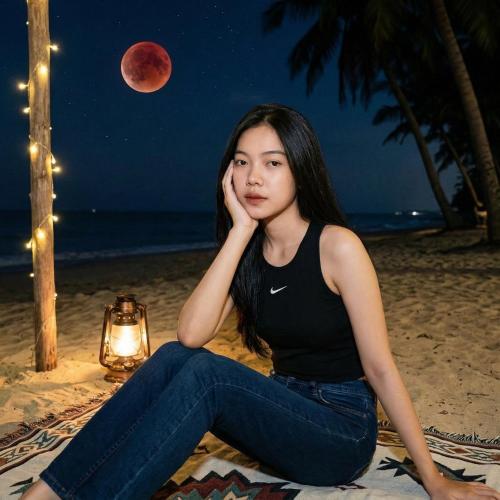 a woman sitting on the beach at night at Bandardarat in Manado