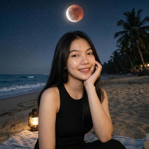 a woman sitting on the beach at night with the moon at Bandardarat in Manado