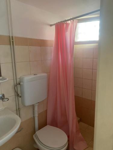 ein Badezimmer mit Toilette und rosa Duschvorhang in der Unterkunft Pasiphae Self Hotel in Heraklion