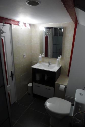 オンフルールにあるLa Compagnie De La Villeのバスルーム(洗面台、トイレ、鏡付)