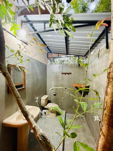a bathroom with a sink and a toilet and a tree at OM Inn in Trincomalee