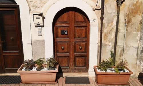 a wooden door with two potted plants in front of it at Alla Cattedrale - Locazione Turistica in Sulmona