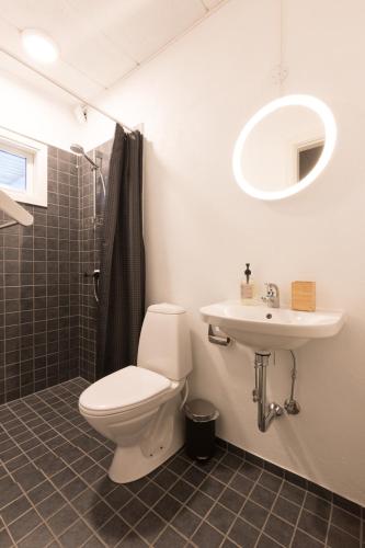 a bathroom with a toilet and a sink and a mirror at Diagonalkroen in Give
