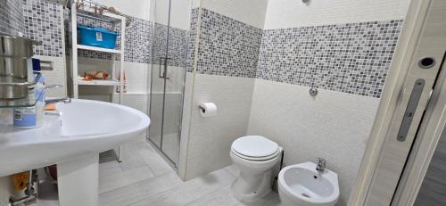 a bathroom with a sink and a toilet and a shower at La Casetta Nuova struttura in Palinuro