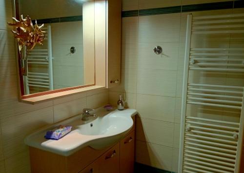 a bathroom with a sink and a mirror and a shower at Στης Χαράς in Porto Heli