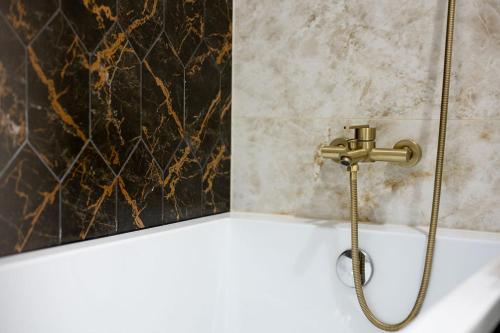 a bath tub with a shower in a bathroom at Apartament Staymonte in Wrocław