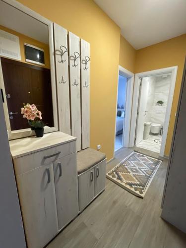 a bathroom with a sink and a mirror at Apartman Green Oaza in Vrbas