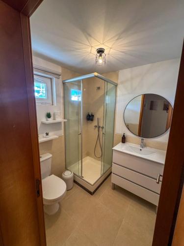 a bathroom with a shower and a toilet and a sink at Apartamento Paradise beach in Prainha