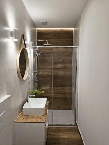 a bathroom with a sink and a shower at Nowe apartamenty SOLAR, Padel & Tenis, Parking, Blisko centrum in Bielsko-Biała