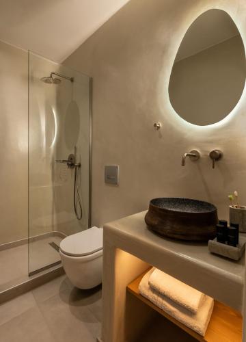 a bathroom with a toilet and a shower with a mirror at Galation in Mikonos