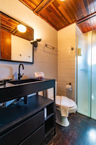 a bathroom with a sink and a shower with a toilet at Rosa Chalé do Vô Walter in Gramado