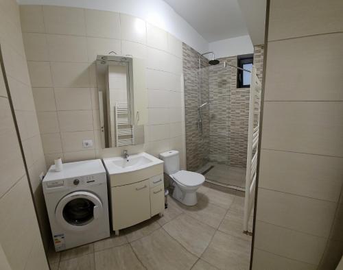a bathroom with a washing machine and a toilet at Garsonieră O&M in Craiova