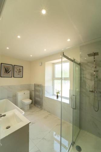 a bathroom with a shower and a toilet and a sink at Foundry Farm House - 4 bedrooms in Hexham