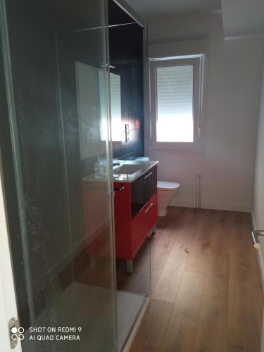a bathroom with a shower and a sink and a toilet at A Muradana, Aldán in Pontevedra