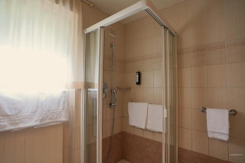 a shower with a glass door in a bathroom at Chalet Miravalle 2 in Wengen
