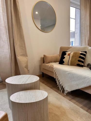 a living room with a couch and a mirror at Savane 2 bedrooms and private parking in Vesoul