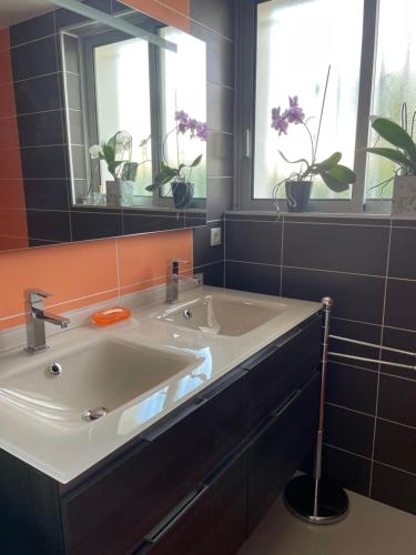 a bathroom with a white sink and a mirror at Villa Portal in La Grande Motte