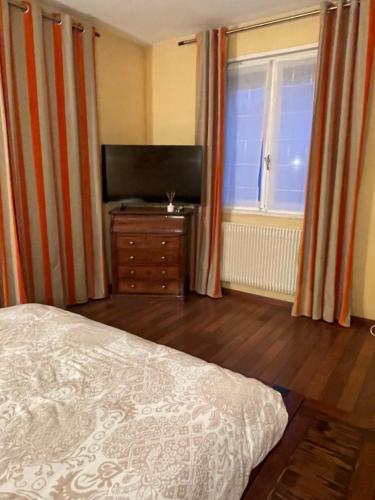 a bedroom with a bed and a flat screen tv at Villa Portal in La Grande Motte