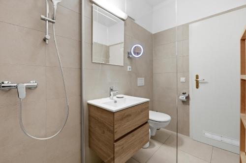 a bathroom with a toilet and a sink and a shower at Residenz Waldhaus_05 in Zempin