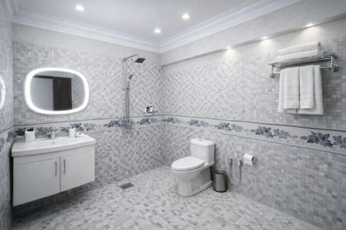 a bathroom with a toilet and a sink and a mirror at Crystal Crown Hotel in Peshawar