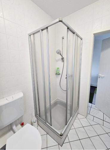 a shower stall in a bathroom with a toilet at Apartment Kliniknähe in Idar-Oberstein