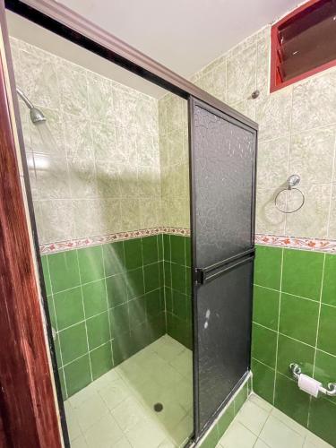 a shower with green tiles and a glass door at Piazza Granada in Cali