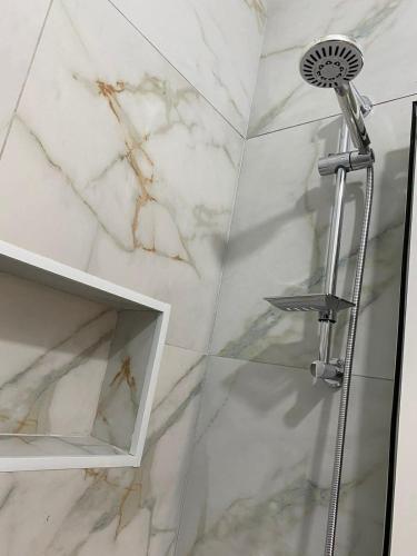 a shower with a shower head in a bathroom at Vila Palma in Draç
