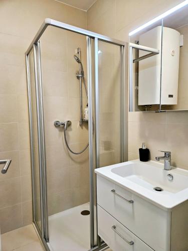 a bathroom with a shower and a sink at Cozy, new, central in Graz