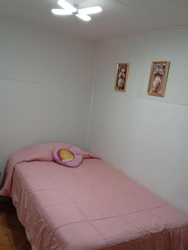 a bedroom with a bed with a pink blanket at Casa un rincón acogedor in Temuco