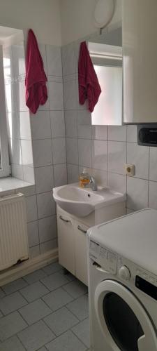 a kitchen with a sink and a washing machine at Ela Gar 6 WG Zimmer in Garsten