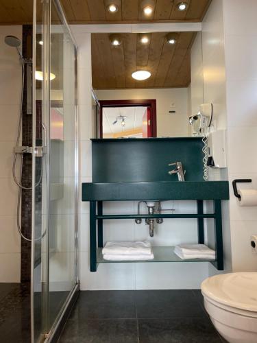 a bathroom with a green sink and a shower at Hotel Les Arcades - La-Roche-en-Ardenne in La-Roche-en-Ardenne