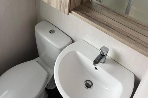 a bathroom with a white toilet and a sink at Caravan- Sleeps 6 2 Bedrooms - Thurston Manor in Dunbar