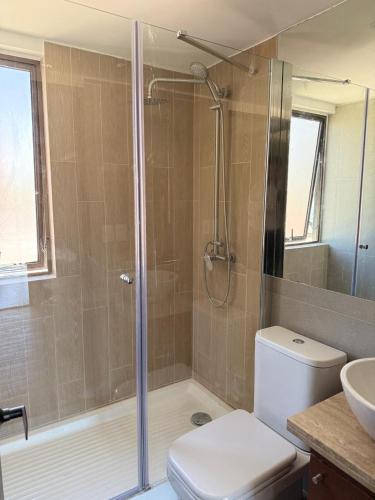 a bathroom with a shower and a toilet and a sink at RQ Costanera Apartments in Santiago
