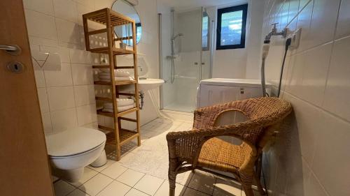 a bathroom with a toilet and a glass shower at Ferienwohnung Karl May in Lennestadt