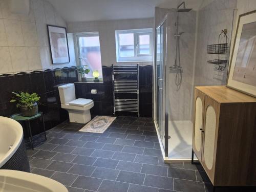 a bathroom with a shower and a toilet and a sink at Sleep Eat Repeat Apartment in Macclesfield