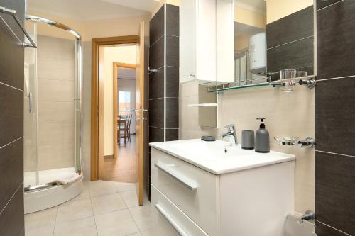 a bathroom with a white sink and a shower at APARTMANI SABB in Jezera