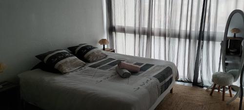 a bed in a bedroom with a large window at Appartement les saladelles in Le Grau-du-Roi