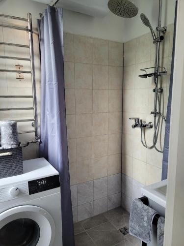 a bathroom with a washing machine and a shower at Apartamenti HUGO in Valmiera