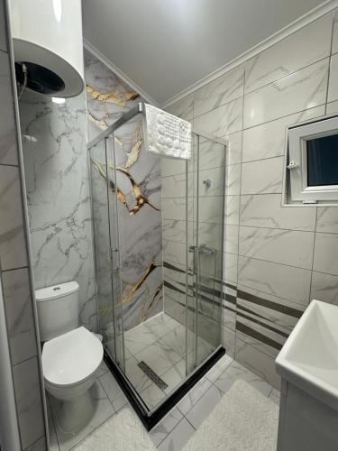 a bathroom with a toilet and a glass shower at Studio Apartman Kostić in Gracanica
