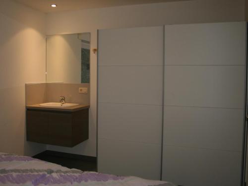 a bedroom with a bed and a sink and a mirror at Chalet Jarte in Barvaux