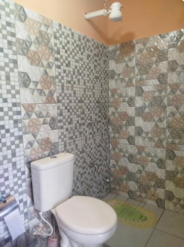 a bathroom with a toilet and a tiled wall at Chalet del lago Don Asterio in Ciudad del Este