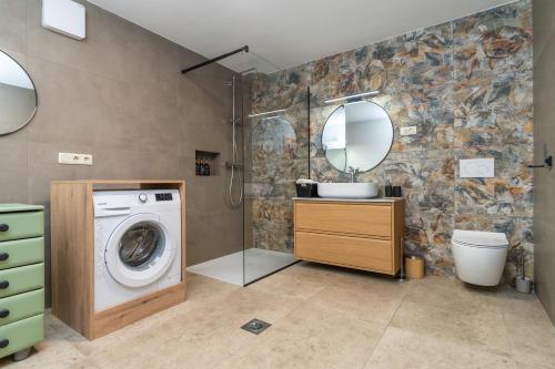 a bathroom with a washing machine and a sink at Apartments Rožič Bohinj in Bohinj