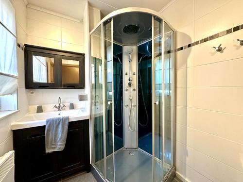a glass shower in a bathroom with a sink at Le Petit Vallon in Polleur