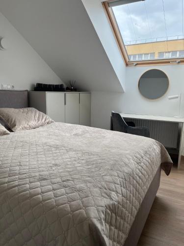 a bedroom with a large bed and a window at 7 Levandos in Palanga