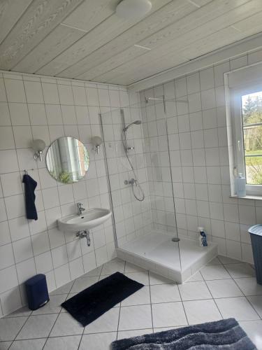 a bathroom with a shower and a sink and a mirror at Ferienhaus im Eggetal in Preußisch Oldendorf
