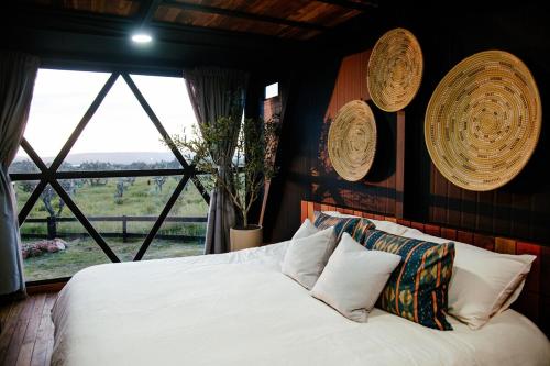 a bedroom with a white bed and a large window at Águila Lodge in San Miguel de Allende