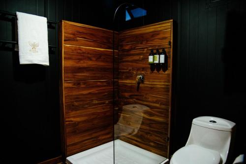 a bathroom with a wooden shower with a toilet at Águila Lodge in San Miguel de Allende