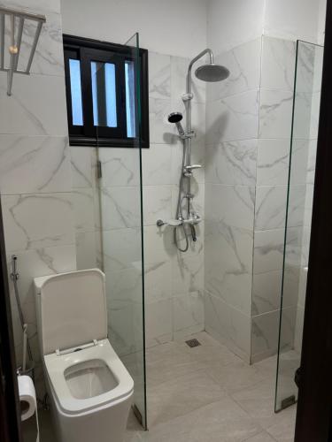 a bathroom with a toilet and a glass shower at Voyage d'affaires et séjour paisible in Abidjan