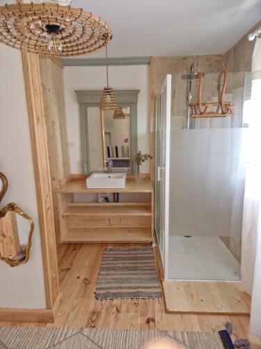 a bathroom with a shower and a sink and a mirror at Casa Brens in Brens